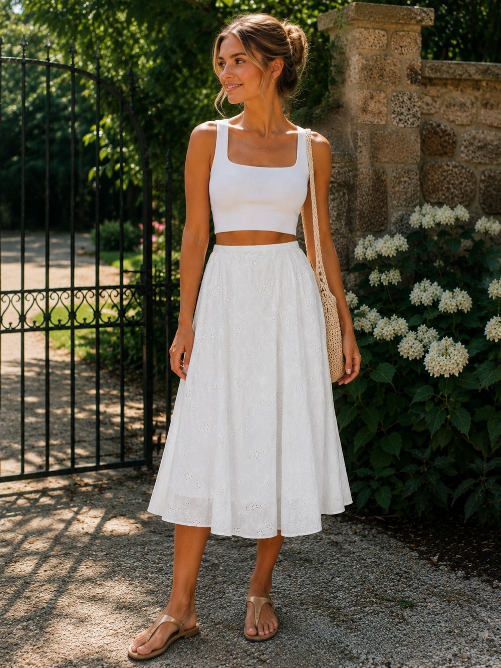 JKLA California White Eyelet Midi Skirt Large Cotton Lined Boho Cottagecore